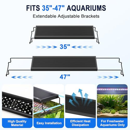 AQQA 24/7 Aquarium Light with Timer, Full Spectrum LED Fish Tank Light for Freshwater & Plants, 9 Dimmable Light Modes, 10 Adjustable Brightness, Extendable Brackets for 35-47 inch Tank,56W Black - size: 56W for 35-47 inch tank