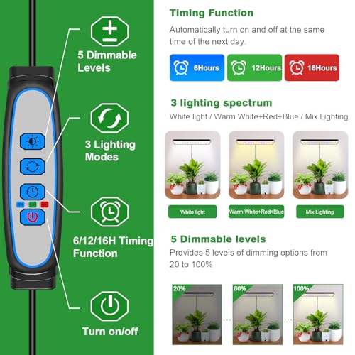 Wiaxulay Grow Lights for Indoor Plants Full Spectrum, 78 LED/11 in Desktop Plant Grow Light with Metal Base, Height Adjustable 7.8-26 in, 3 Lighting Modes, Auto Timer 6/12/16 Hrs, 5 Brightness,1 Pack - size: 1 Pack(Black)