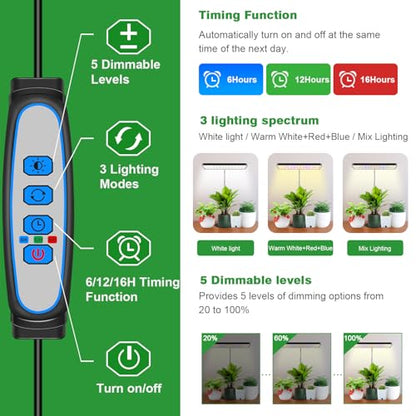 Wiaxulay Grow Lights, Full Spectrum Plant Light for Indoor Plants, Height Adjustable Desktop Grow Lamp with Auto Timer 6/12/16Hrs, 3 Lighting Modes,5 Brightness,Ideal for Potting Soil, 2 Pack - size: 2 Pack(Black)