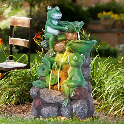 HPC Decor Outdoor 4-Tier Frog Waterfall Fountain with LED Lights for Garden, Patio, Yard, and Porch Décor, 19.9" H (Green)