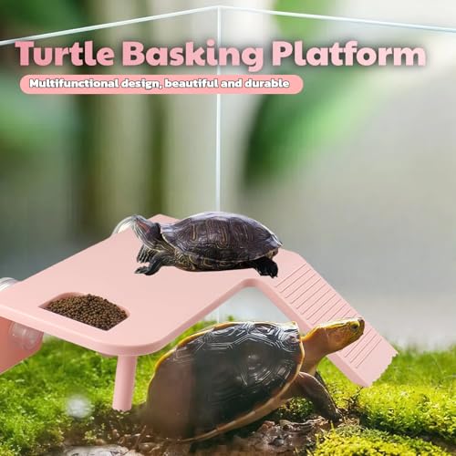 Turtle Basking Platform with Feeding Area,Turtle Basking Platform Large-with Two Strong Vacuum Suction Cups and Support Base,Suitable for Deep-Water and Semi-Aquatic Turtles (Pink, Medium)