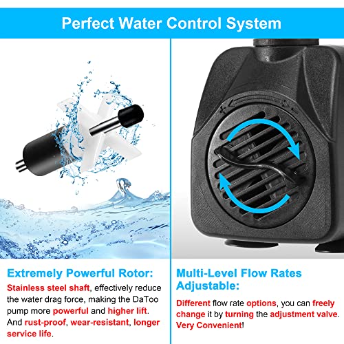 DaToo 160GPH 10W Submersible Water Pump Fountain Pump Ultra Quiet For Aquariums Fish Tank Pond Fountain Statuary Water Feature Hydroponics - size: 10W 160GPH (With 3.3ft Free Tubing)