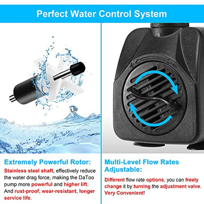 DaToo 160GPH 10W Submersible Water Pump Fountain Pump Ultra Quiet For Aquariums Fish Tank Pond Fountain Statuary Water Feature Hydroponics - size: 10W 160GPH (With 3.3ft Free Tubing)