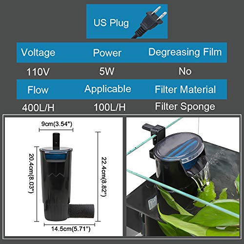 Senzeal Aquarium Turtle Filter Quiet Low Water Level Filter Pump 5W 400L/H Internal Fish Tank Filter for Fish Tank Turtle Tank
