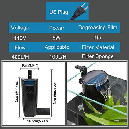 Senzeal Aquarium Turtle Filter Quiet Low Water Level Filter Pump 5W 400L/H Internal Fish Tank Filter for Fish Tank Turtle Tank