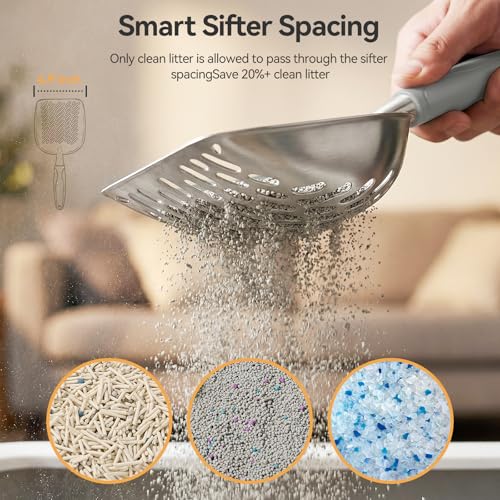 Cat Litter Scoop, Large Long Handle Kitty Metal Scooper, Heavy Duty Aluminum Deep Sifter, Ergonomic Non-Slip Grip, Rustproof Durable Poop Cleaner for Cat Litter Box - color: Gray, size: Large