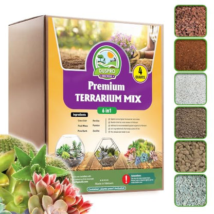 DUSPRO Premium 6in1 Terrarium Soil Mix – Pre-Mixed Terrarium Substrate Mix for Terrariums, Balanced Moisture Growing Medium with Coco Coir, Peat Moss, Pine Bark, Perlite, Pumice & Zeolite 4QRT - size: Terrarium Soil 4 Quarts