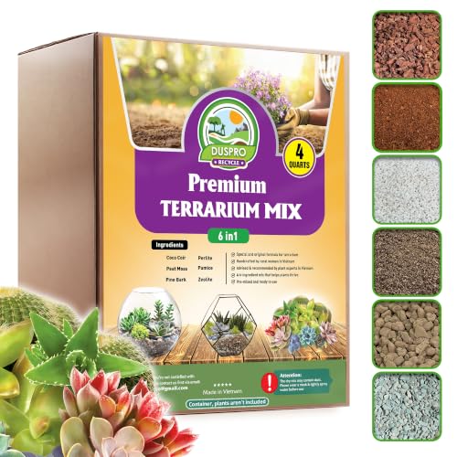 DUSPRO Premium 6in1 Terrarium Soil Mix – Pre-Mixed Terrarium Substrate Mix for Terrariums, Balanced Moisture Growing Medium with Coco Coir, Peat Moss, Pine Bark, Perlite, Pumice & Zeolite 4QRT - size: Terrarium Soil 4 Quarts