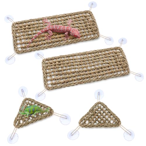 Dansydaisy 4 Pcs Bearded Dragon Reptile Hammock Small Set, Woven Lounger with Strong Suction Cups, Includes 2 Rectangle (19.7" x 7.9") and 2 Triangle (7.9" x 11.0") Climbing Beds for Geckos Iguanas - size: 19.7" X 7.9"，7.9" X 11.0"