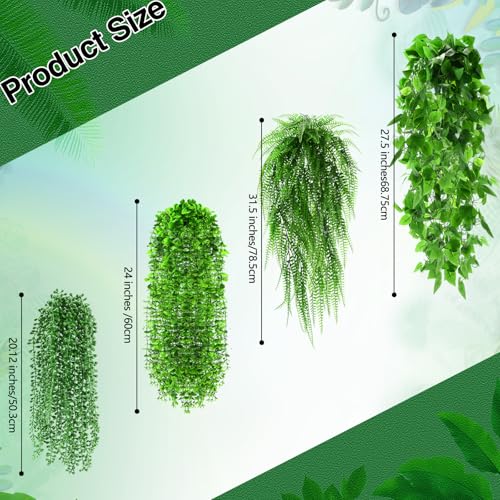 Daifunli 12 Pcs Artificial Hanging Plants Fake Hanging Ferns Plastic Faux Plants for Wall Room Garden Garland Indoor Outdoor Decor No Basket (Boston,Eucalyptus,Ivy Vine,String of Pearls) - style: Boston, Eucalyptus, Ivy Vine, String of Pearls