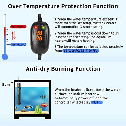 HiTauing Aquarium Heater, 50W/100W/200W/300W/500W Submersible Fish Tank Heater with Over-Temperature Protection and Automatic Power-Off When Leaving Water for Saltwater and Freshwater - size: 500W