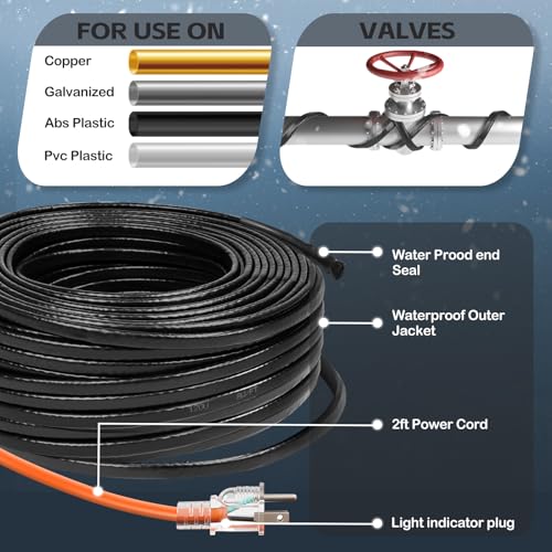 100FT（3FT-200FT）Pipe Heating Cable for Pipe Freeze Protection, Heat Cable for Water Pipes(Metal and Plastic), Pipe Heat Tape Keeps Water Flowing at -40°F 5w/ft, 120V - size: 100FT
