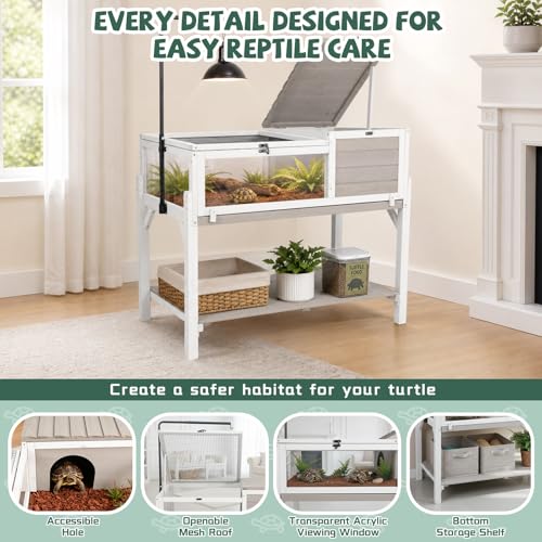 Large Tortoise Habitat with Adjustable Lamp Stand & Storage Shelf, Wooden Tortoise Enclosure with Viewing Window, Pull-Out Tray, 2-Room Reptile Turtle Enclosure House Indoor & Outdoor, Grey - size: 40.4"L x 23.0"W x 32.0"H