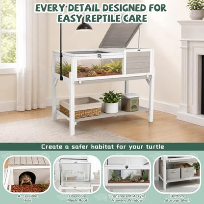 Large Tortoise Habitat with Adjustable Lamp Stand & Storage Shelf, Wooden Tortoise Enclosure with Viewing Window, Pull-Out Tray, 2-Room Reptile Turtle Enclosure House Indoor & Outdoor, Grey - size: 40.4"L x 23.0"W x 32.0"H