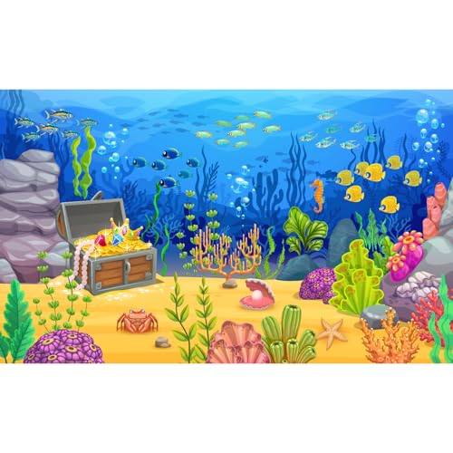 Cartoon Underwater Landscape Aquarium Background Pirate Treasure Chest with Fish Shoal Terrarium Background Ocean Coral Reef Blue Sea Waves Fish Tank Backdrop Under The Sea Theme Backdrops 24x12in - color: Marine Blue, size: 24(W)x12(H)in