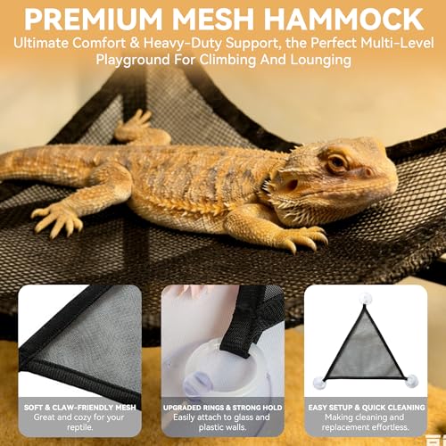 Bearded Dragon Hammock and Feeder Ball Set - 2 Pack Red Mesh Lizard Lounger Bed with Strong Suction Cups, Interactive Reptile Toy for Climbing, Basking & Foraging Tank Accessories
