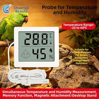 Digital Thermometer Hygrometer Reptile Terrarium with External Probe, LCD Display Temp Humidity Sensor Monitor Pet Tank Vivarium, White(C) - size: C