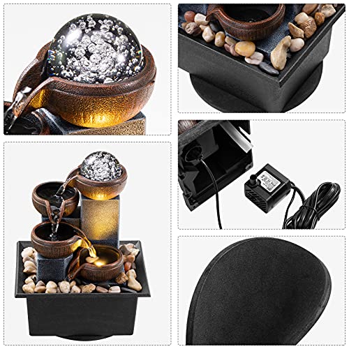 Tabletop Fountain 4 Level Tabletop Waterfall Indoor Meditation Fountain Office Home Relax Desktop Waterfall Includes Many Natural River Rocks LED Lights Bubble Ball Great Choice as Festival Gifts
