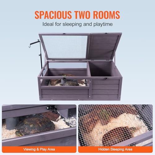 Happybuy Tortoise Habitat, Wooden Tortoise House Indoor & Outdoor, Tortoise Enclosure with Adjustable Lamp Holder, 2-Room Reptile Enclosure Small Animal Cage for Gecko, Lizard, Snake 38x24x13 inch