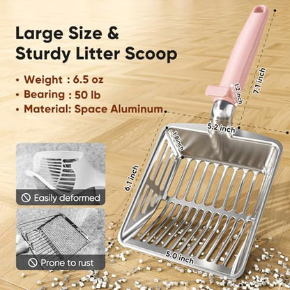 Metal Cat Litter Scoop, Large Cat Scooper with Deep Shovel & Dual Sifting Holes for Fast & Precise Sifting, Space Aluminum Kitty Litter Scooper with Long Handle & Easy-to-Hang Hook - Pink - color: Pink