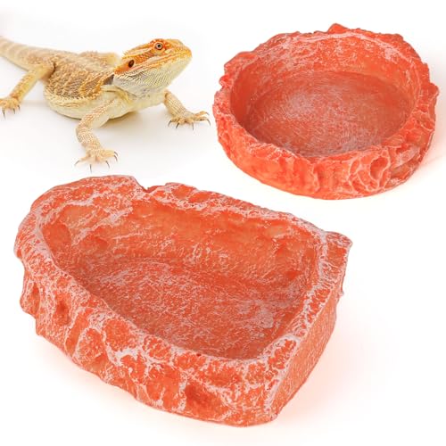 Reptile Water Dish Food Bowl for Bearded Dragon Tank Accessories, Hyggerzoo Reptile Rock Feeder for Tank 2 Pack Corner Resin Terrarium Bowl for Leopard Gecko Hermit Crab Tortoise Snake, Orange - color: Orange