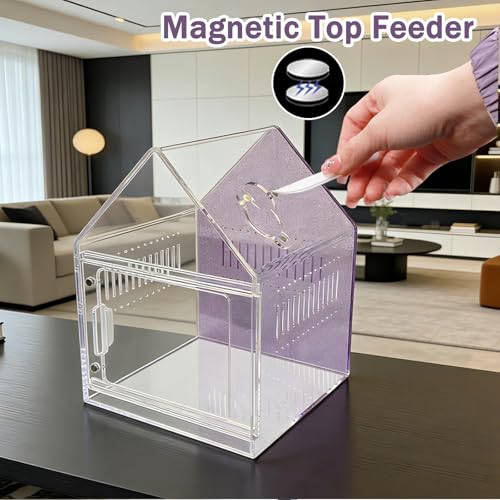 Magnetic Acrylic Spider Enclosure 5.3x5.3x7.3 Inch, House Shape Terrarium with Sparkling Purple Background for Jumping Spiders, Tarantula Slings & Mantis, Escape-Proof Habitat with Ventilation