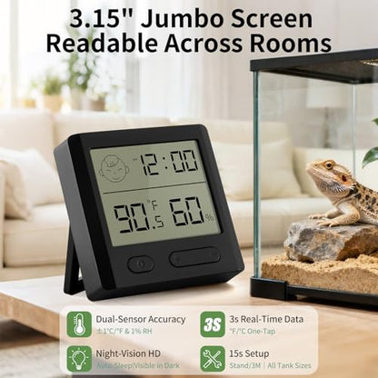 Reptile Thermometer Hygrometer – Digital Terrarium Thermometer for Snakes, Lizards, Spiders | Accurate Temperature & Humidity Gauge with Alarm, Backlit Display