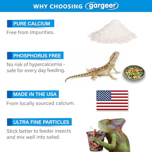 Gargeer 4oz All Reptile Calcium Powder, Phosphorus-Free Ultrafine Powder, Pure Dust Without Vitamin D3, Ready to Use for All Reptiles, Lizards & Amphibians Supplement. Made in the USA. Enjoy !