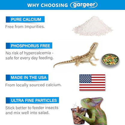 Gargeer 4oz All Reptile Calcium Powder, Phosphorus-Free Ultrafine Powder, Pure Dust Without Vitamin D3, Ready to Use for All Reptiles, Lizards & Amphibians Supplement. Made in the USA. Enjoy !