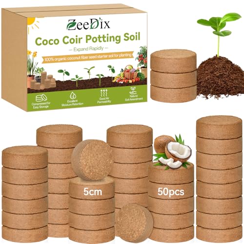 ZeeDix 50 Pack 50mm Organic Coco Coir Seed Starter Pellets, Compressed Coconut Fiber Seed Starter Soil Discs Potting Soil Mix for Indoor Outdoor Plants, Herbs Houseplants Bonsai Vegetables Flowers - color: 50 Pack, size: 50mm