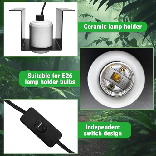 kathson Reptile Heat Lamp Fixture Ceramic E26 Base Light Bulb Socket with Separate Switches Bearded Dragon Lamp Holder Bracket for Iguana Snake Lizard Turtle Gecko Terrariums Habitat
