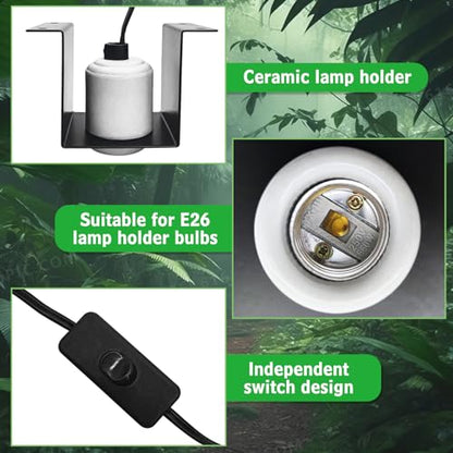 kathson Reptile Heat Lamp Fixture Ceramic E26 Base Light Bulb Socket with Separate Switches Bearded Dragon Lamp Holder Bracket for Iguana Snake Lizard Turtle Gecko Terrariums Habitat