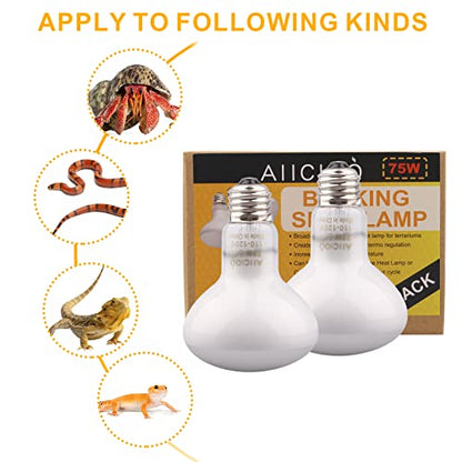 Aiicioo Reptile Basking Light Bulb - 75W Reptile Heat Lamp 2 Pack UVA Daylight Amphibians Basking Bulb for Bearded Dragon Turtle Hermit Crab Gecko Lizard Daylight - color: ['White'], size: ['75W']