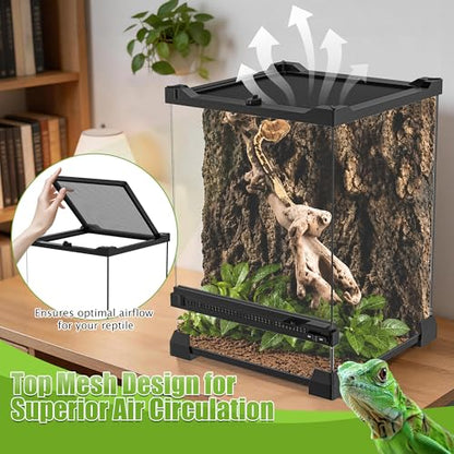 Reptile Terrarium 8"x8"x12" Mini, Front-Opening Glass Tank with Mesh Lid & Lock, 360° Glass Enclosure for Small Reptiles, Frogs, Tarantulas, Jumping Spiders & Geckos - size: 8" x 8" x 12"