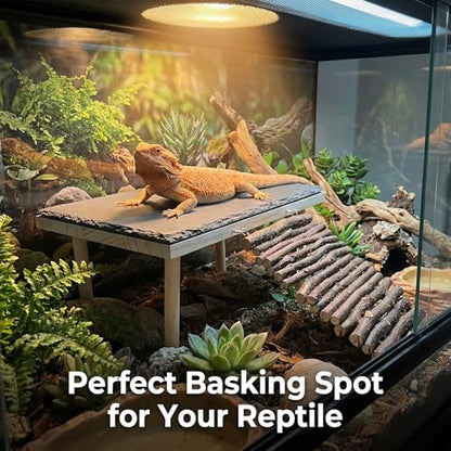 Bearded Dragon Basking Platform, Natural Slate Reptile Basking Rock with Wooden Climbing Ramp, Terrarium Habitat Decor for Lizard, Leopard Gecko, Tortoise, Snake (Large) - size: Large