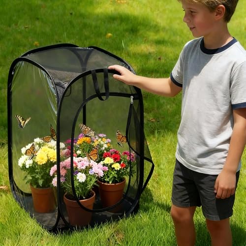 2 Pcs 30 Inch Large Butterfly Habitat Cage Giant Collapsible Insect Monarch Collapsible Heavy Duty Mesh Cage Enclosure Terrarium Pop-up with Zipper Protection, 15 x 15 x 30 Inches