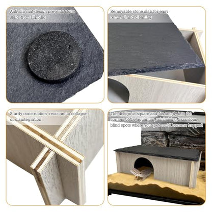 PINVNBY Bearded Dragon Basking Platform, Wood Reptile Hides and Caves, Crested Gecko Hide with Slate Rock, Leopard Gecko Tank Accessories for Small Lizard Snake (M: 9.84x5.9x2.76 inches) - size: M: 9.84x5.9x2.76 inches
