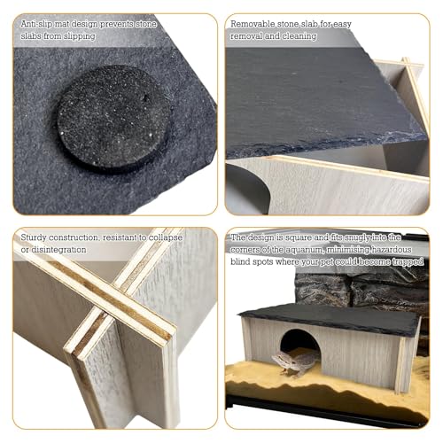 PINVNBY Large Bearded Dragon Basking Platform, Wooden Snake Hide, Ball Pythons Hide with Slate Rock, Leopard Gecko Tank Accessories for Geckos, Crested Gecko Chameleon Turtles (L: 11.8x7.87 inches) - size: L: 11.8x7.87 inches