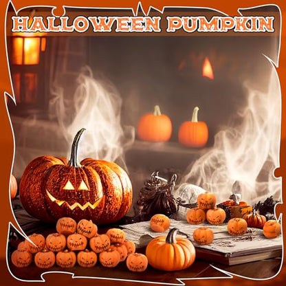 Arrowbash 100 Pcs Mini Halloween Pumpkin Skull Figurines Bulk Small Resin Skeleton Head Statues Decoration Miniature Realistic Fake Skeleton Figure for Halloween Party Favor Home Table Decor (Pumpkin) - style: Pumpkin