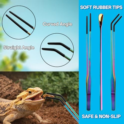 3PCS 10.6" Straight & Curved Reptile Feeding Tongs Set with Spoon | Soft Rubber Tips,Appropriate Length,Stainless Steel,Terrarium & Aquarium Essential Feeding Tools