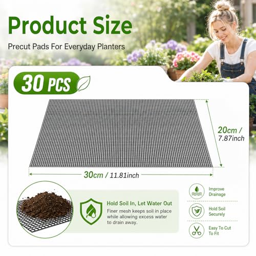 30pcs Terrarium Mesh,11.8 X 7.8 in Bonsai Mesh Screen for Plants | Plastic Flower Pot Hole Mesh Pad for Drainage Bonsai Terrarium Keep Soil From Flowing Away (Black)