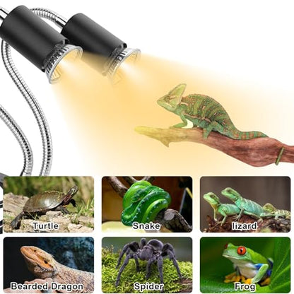 Reptile Heat Lamp, Dual-Head UVA UVB Reptile Light, Heating Lamp with Cycle Timer, Heat Lamp for Reptiles Bearded Dragon Turtle Crab Snake Lizard, Separate Control, 3 Basking Bulbs Light - color: Dual-head Lamp With Timer & 3 Bulbs