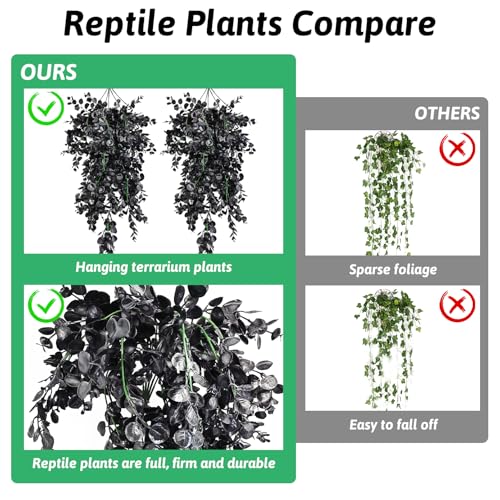 Hamiledyi 4 PCS Reptile Plants, Hanging Terrarium Plants, Artificial Leaves Habitat Decorations with Suction Cup, Fake Amphibian Plants for Bearded Dragon Lizard Hermit Crab Geckos Chameleon(Black) - size: 4 PCS