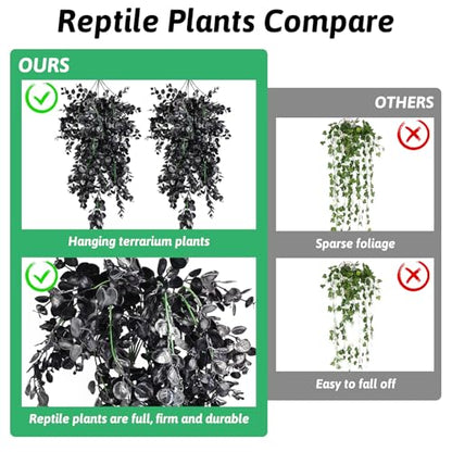 Hamiledyi Reptile Plants, 2 Pack Hanging Terrarium Plants, Artificial Leaves Habitat Decorations with Suction Cup, Fake Amphibian Plants for Bearded Dragon Lizard Hermit Crab Geckos Chameleon(Black) - size: 2 PCS