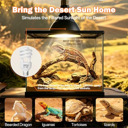 UVB Reptile Light Bulb 10.0: Bearded Dragon 15W Reptile UVB Light 2 Pack, UVA UVB Light for Reptiles Terrarium Compact Fluorescent Lamp, Desert UVB Bulb for Tortoise, Lizard - with UV Sensor Card - size: 5.5INCH-10.0