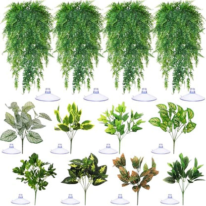 Suncalla 12 Pcs Reptile Plants Terrarium Hanging Plant Vines Artificial Leaves with Suction Cups Climbing Foliage for Bearded Dragon Lizard Gecko Snake Tank Accessories Decor(Petite Leaf Series) - style: Petite Leaf Series