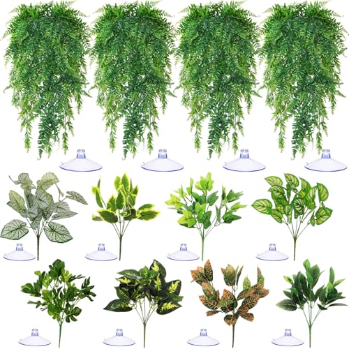 Suncalla 12 Pcs Reptile Plants Terrarium Hanging Plant Vines Artificial Leaves with Suction Cups Climbing Foliage for Bearded Dragon Lizard Gecko Snake Tank Accessories Decor(Petite Leaf Series) - style: Petite Leaf Series