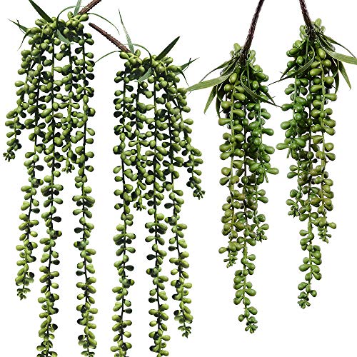 Supla 4 Pcs Artificial Hanging Succulents Faux Burro's Tail Picks Trailing String of Pearls Succulents Fake Greenery Sprays for Basket Planter Centerpiece Floral Arrangement Indoor Outdoor Decor
