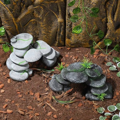 IBWell Resin Reptile Hides Pebble Shrimp Hides for Aquarium Tank Terrarium Reptile Rock Hide with Grass Fish Tank Caves and Hides Reptile Hideouts for Lizard Snake Gecko - color: Rocks grey and grass green