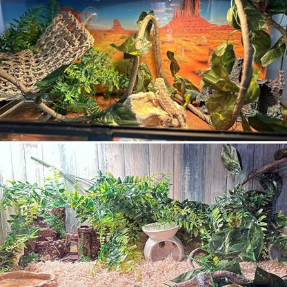 5 PCS Tank Accessories for Bearded Dragon Include Resin Classical Castle Reptile Climb Habitat Decor Hanging Jungle Vines Flexible Leaves Climbing Decor for Lizard Gecko Chameleon Spider